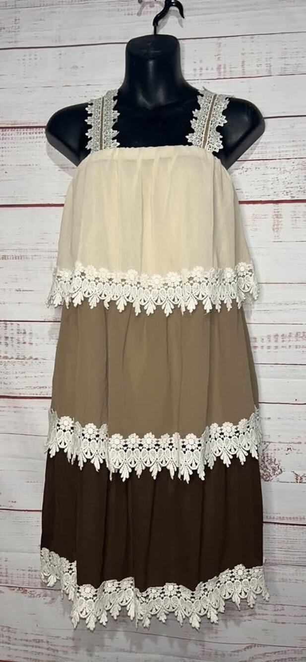 Miin Tiered Brown Boho Mini Dress Medium